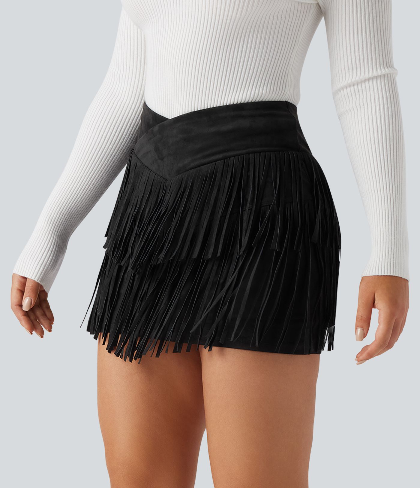 Crossover High Waisted 2-in-1 Fringe Hem Bodycon Mini Suede Party Skirt