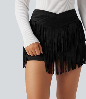 Crossover High Waisted 2-in-1 Fringe Hem Bodycon Mini Suede Party Skirt