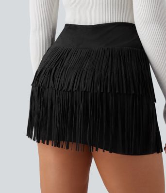 Crossover High Waisted 2-in-1 Fringe Hem Bodycon Mini Suede Party Skirt