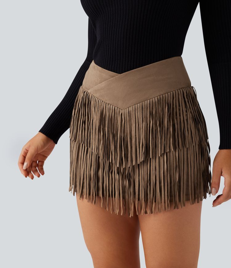 Crossover High Waisted 2-in-1 Fringe Hem Bodycon Mini Suede Party Skirt