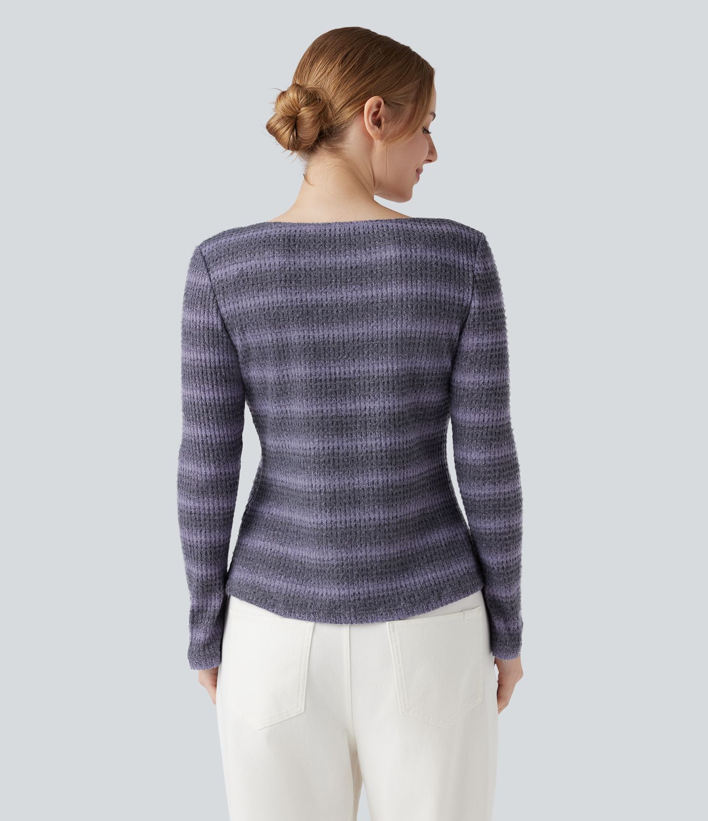 Scoop Neck Long Sleeve Waffle Gradient Stripe Knitted Casual T-Shirt