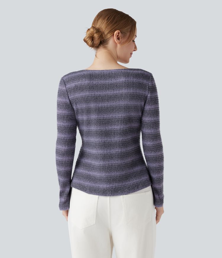 Scoop Neck Long Sleeve Waffle Gradient Stripe Knitted Casual T-Shirt