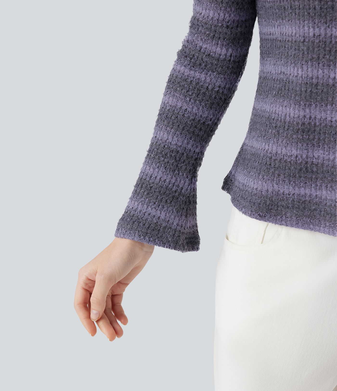 Scoop Neck Long Sleeve Waffle Gradient Stripe Knitted Casual T-Shirt