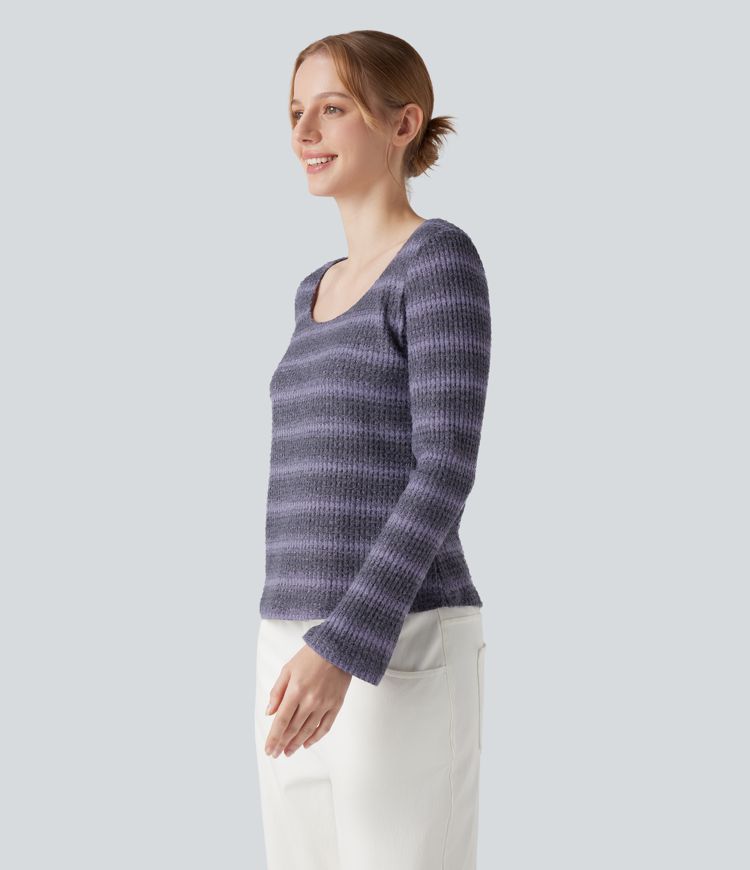 Scoop Neck Long Sleeve Waffle Gradient Stripe Knitted Casual T-Shirt