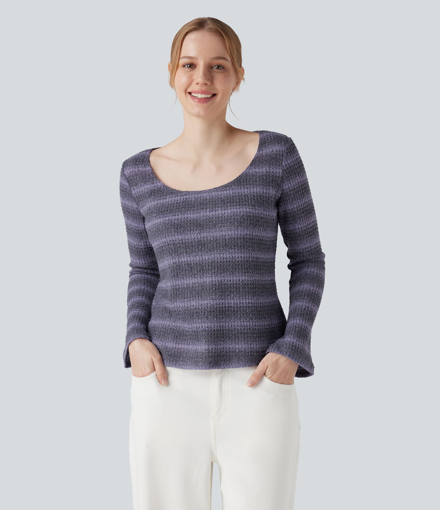 Scoop Neck Long Sleeve Waffle Gradient Stripe Knitted Casual T-Shirt