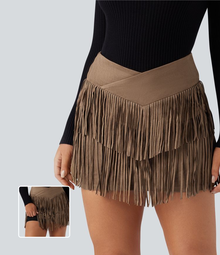 Crossover High Waisted 2-in-1 Fringe Hem Bodycon Mini Suede Party Skirt