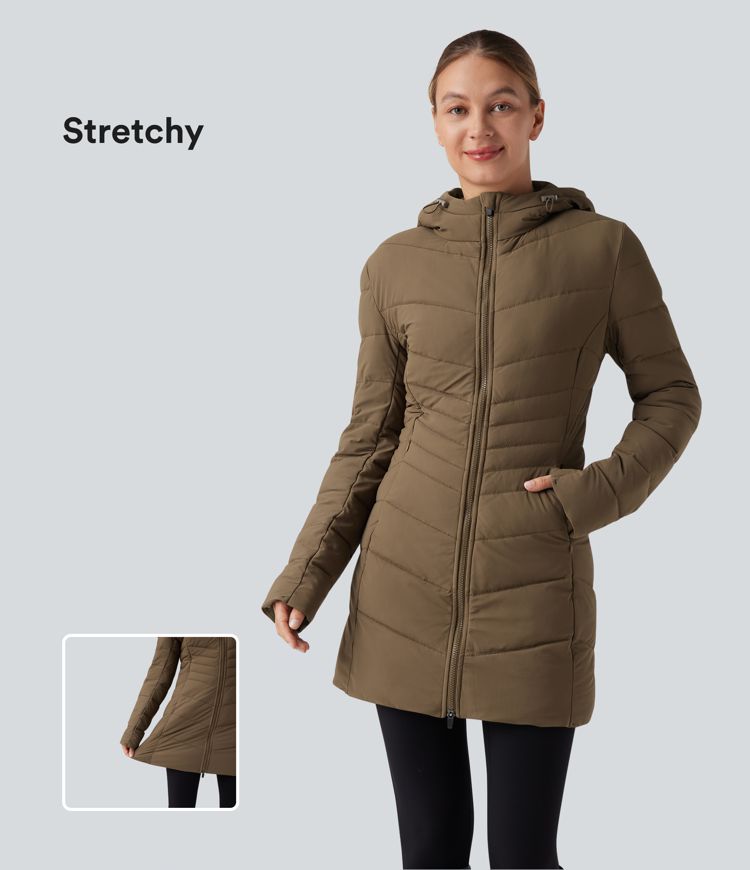 Hooded Longline Stretchy Casual Padded Jacket with Pockets