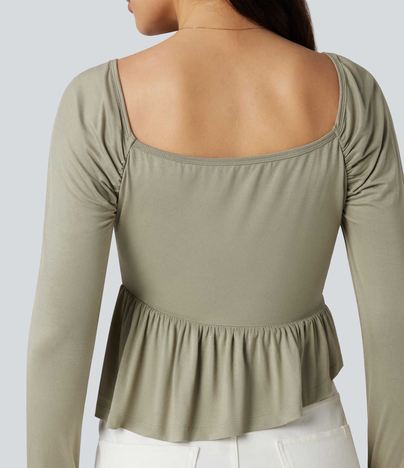 Camiseta casual de manga larga con escote cuadrado y bajo con volantes