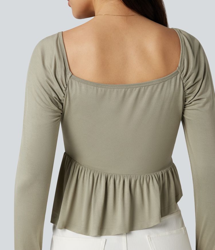 Camiseta casual de manga larga con escote cuadrado y bajo con volantes