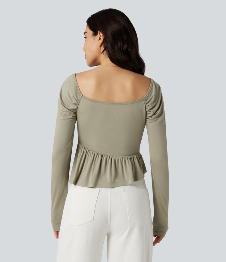 Camiseta casual de manga larga con escote cuadrado y bajo con volantes