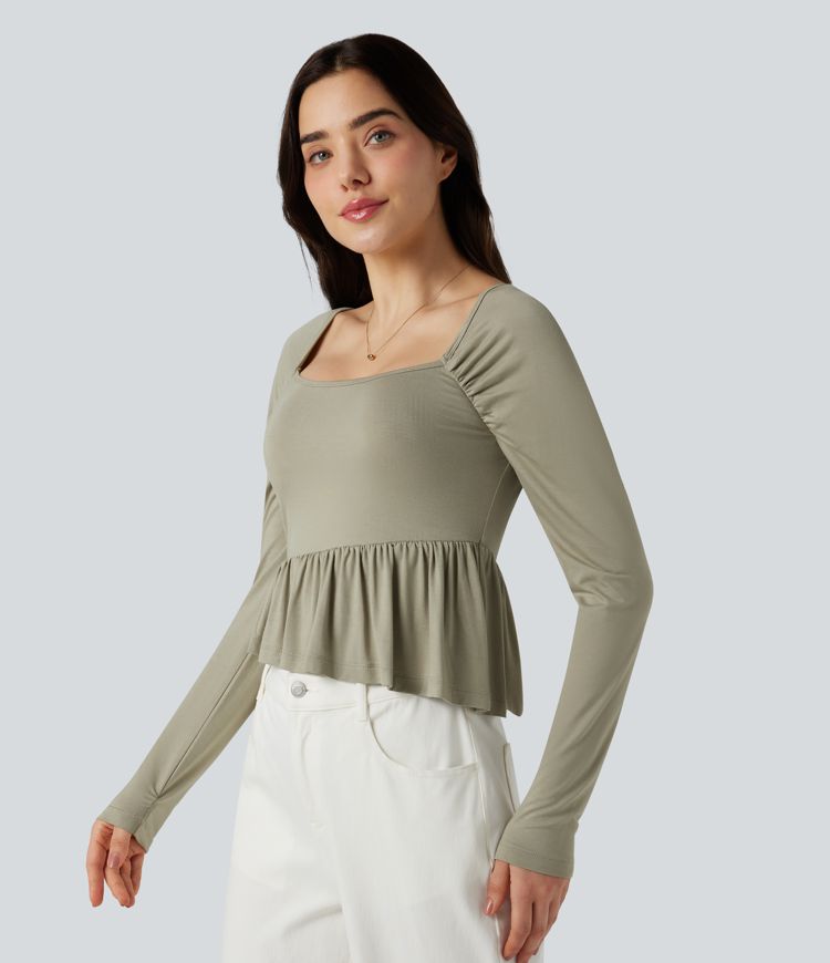 Camiseta casual de manga larga con escote cuadrado y bajo con volantes