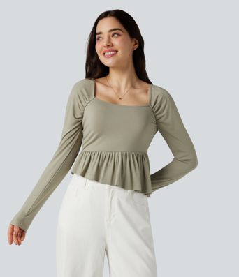 Camiseta casual de manga larga con escote cuadrado y bajo con volantes