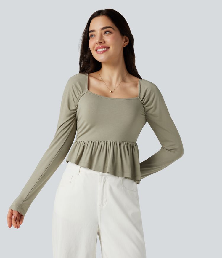 Camiseta casual de manga larga con escote cuadrado y bajo con volantes