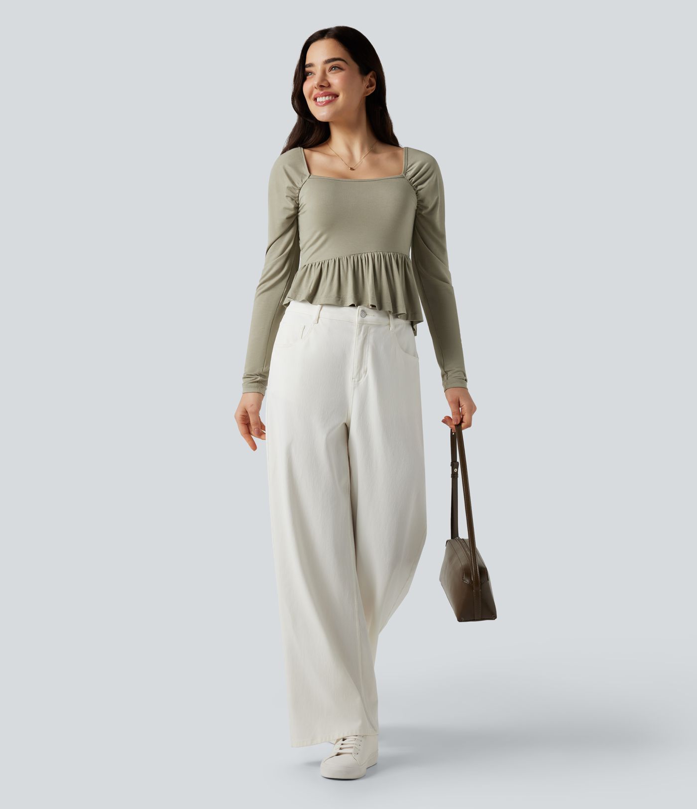 Camiseta casual de manga larga con escote cuadrado y bajo con volantes