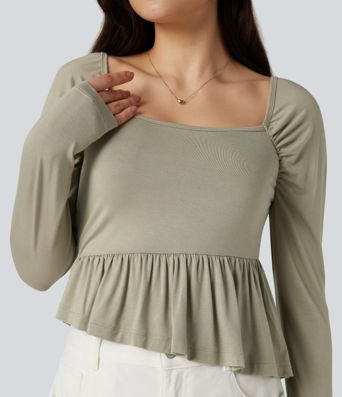 Camiseta casual de manga larga con escote cuadrado y bajo con volantes