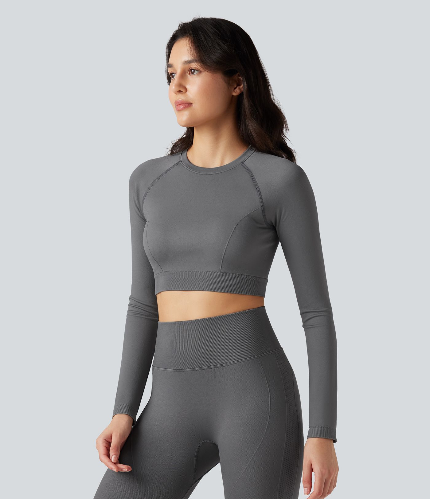 Seamless Flow Round Neck Long Sleeve Cropped Yoga Sports Top