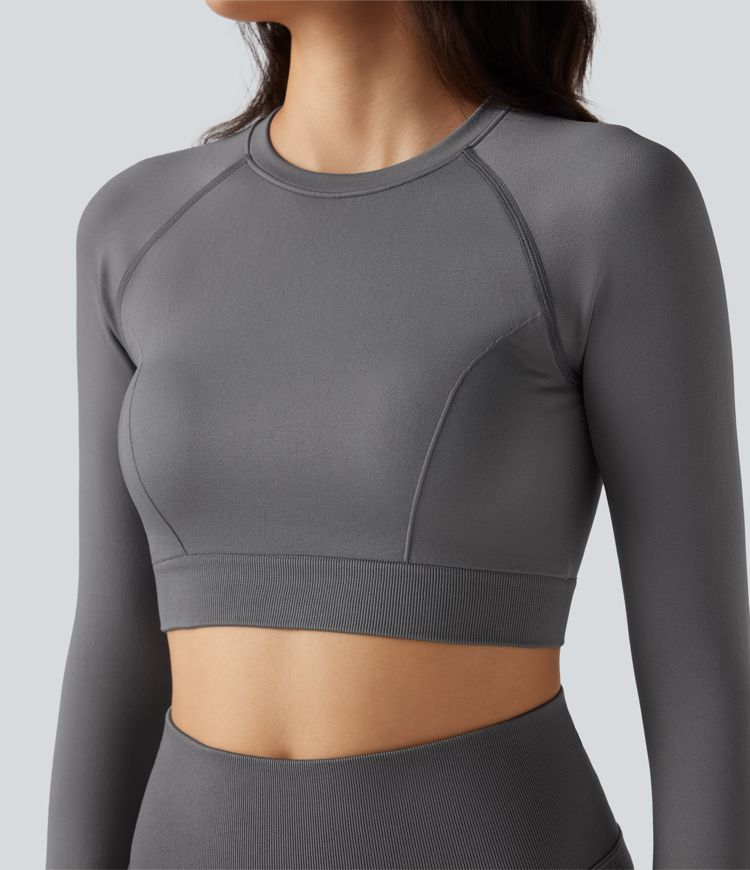 Seamless Flow Round Neck Long Sleeve Cropped Yoga Sports Top