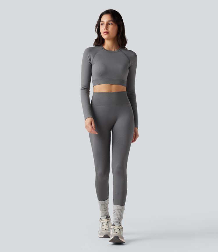 Seamless Flow Round Neck Long Sleeve Cropped Yoga Sports Top