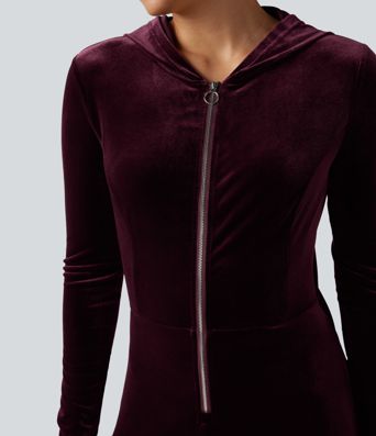 Hooded Long Sleeve Zipper Velvet Casual Flare Jumpsuit with Pockets-Easy Peezy Edition