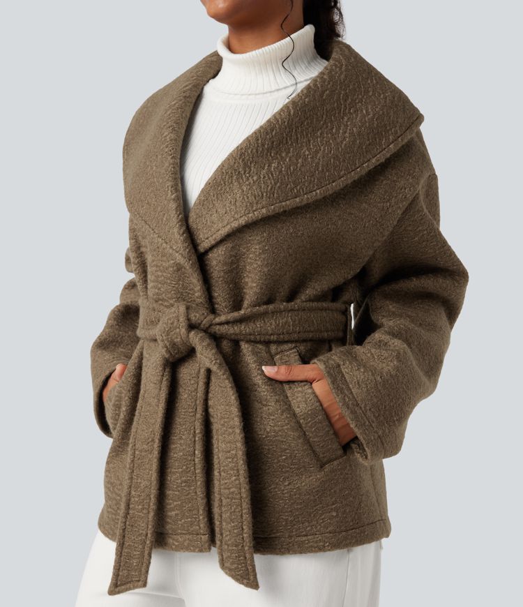 Lapel Belted Casual Coat with Pockets