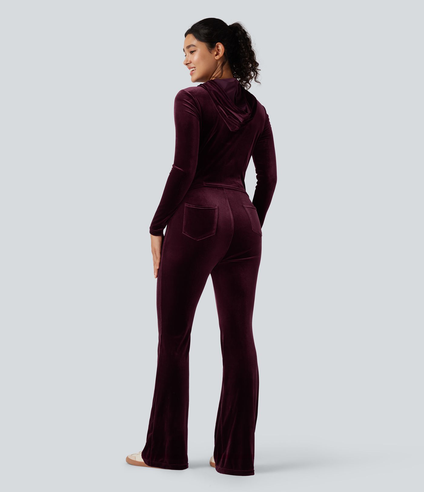 Hooded Long Sleeve Zipper Velvet Casual Flare Jumpsuit with Pockets-Easy Peezy Edition
