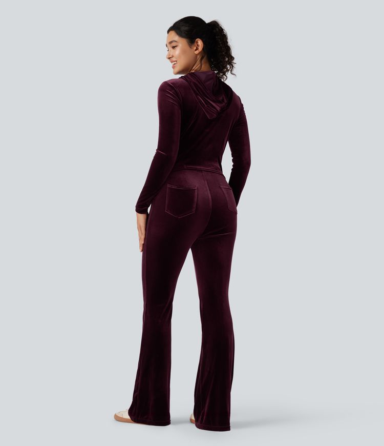 Hooded Long Sleeve Zipper Velvet Casual Flare Jumpsuit with Pockets-Easy Peezy Edition