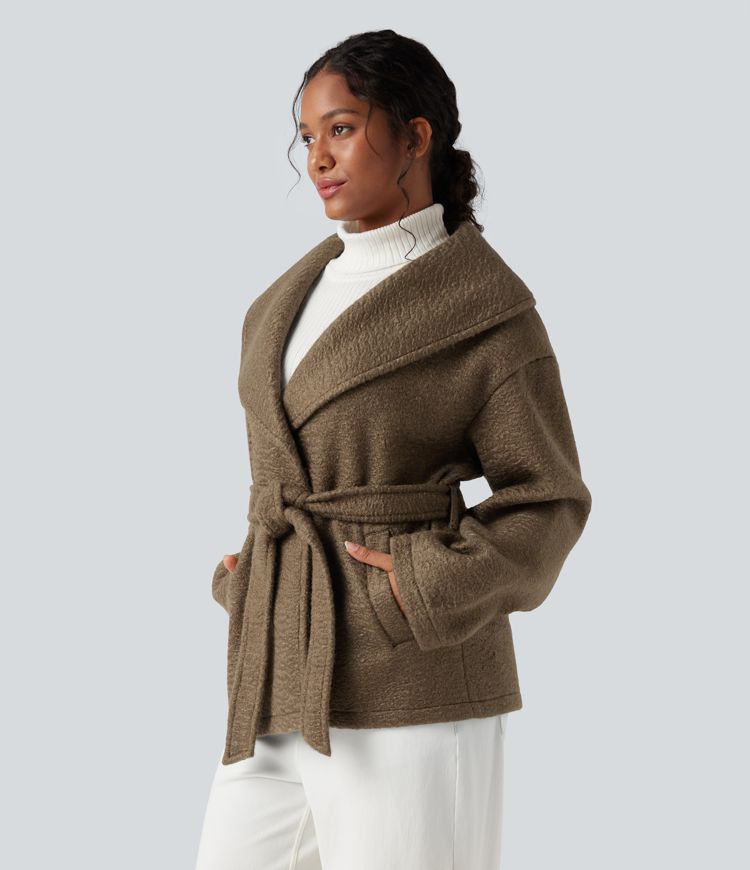 Lapel Belted Casual Coat with Pockets