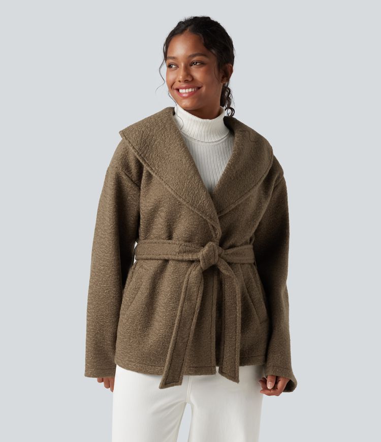 Lapel Belted Casual Coat with Pockets