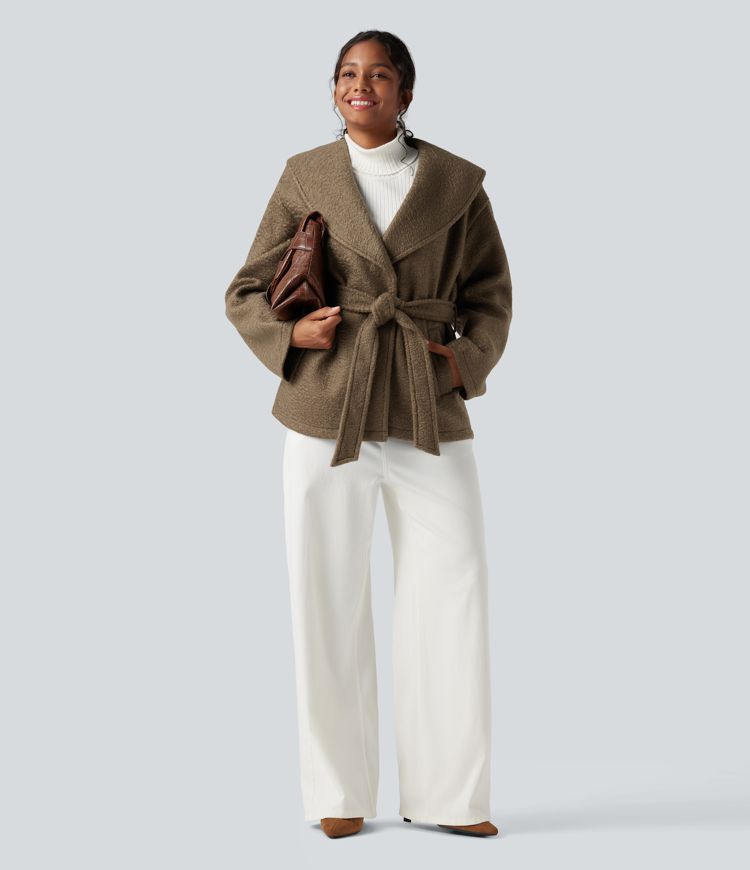 Lapel Belted Casual Coat with Pockets