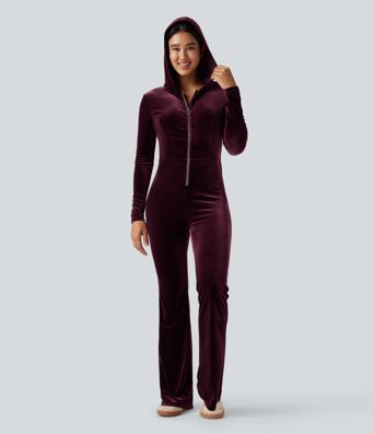 Hooded Long Sleeve Zipper Velvet Casual Flare Jumpsuit with Pockets-Easy Peezy Edition