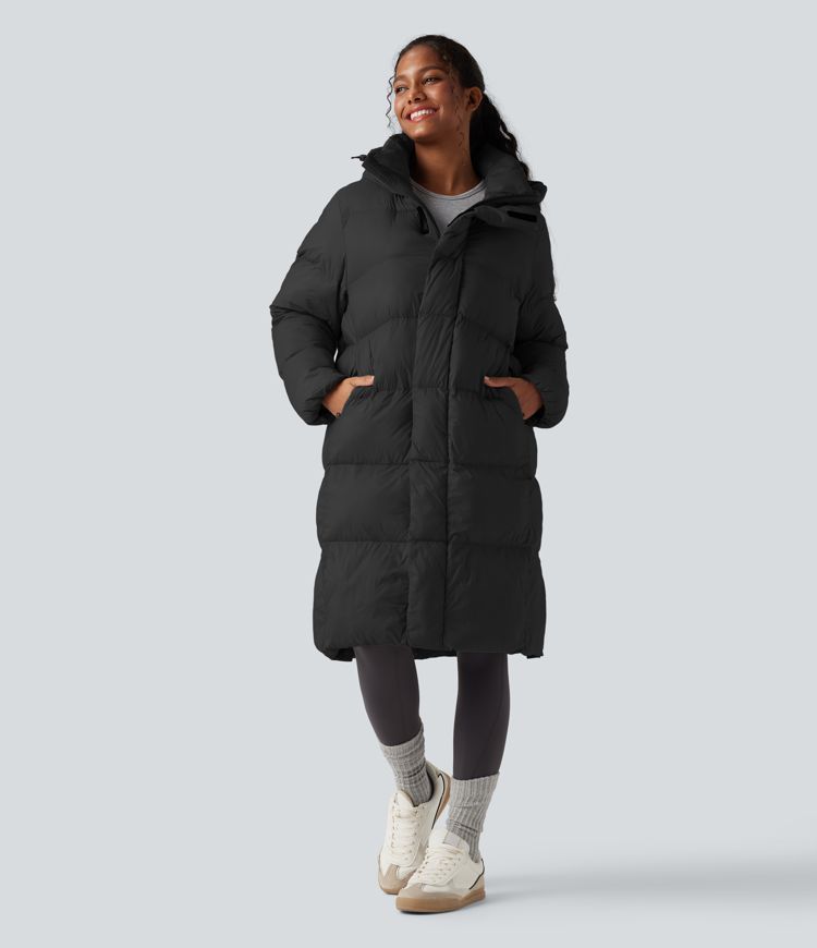 Hooded Long Sleeve Zipper Longline Casual Padded Jacket with Pockets