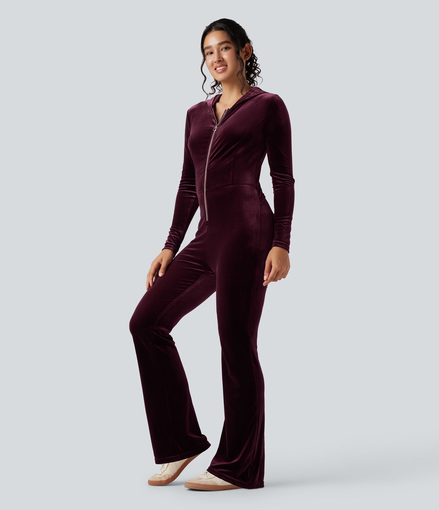 Hooded Long Sleeve Zipper Velvet Casual Flare Jumpsuit with Pockets-Easy Peezy Edition