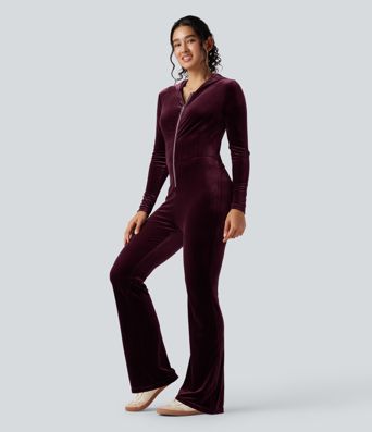 Hooded Long Sleeve Zipper Velvet Casual Flare Jumpsuit with Pockets-Easy Peezy Edition