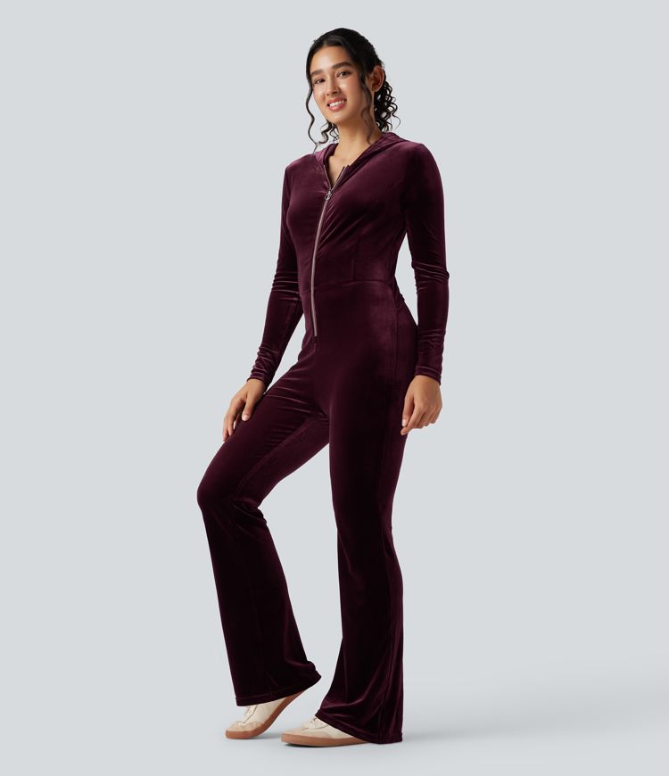 Hooded Long Sleeve Zipper Velvet Casual Flare Jumpsuit with Pockets-Easy Peezy Edition