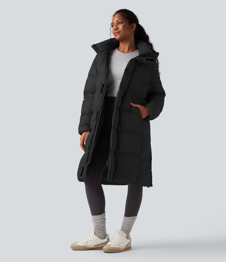 Hooded Long Sleeve Zipper Longline Casual Padded Jacket with Pockets