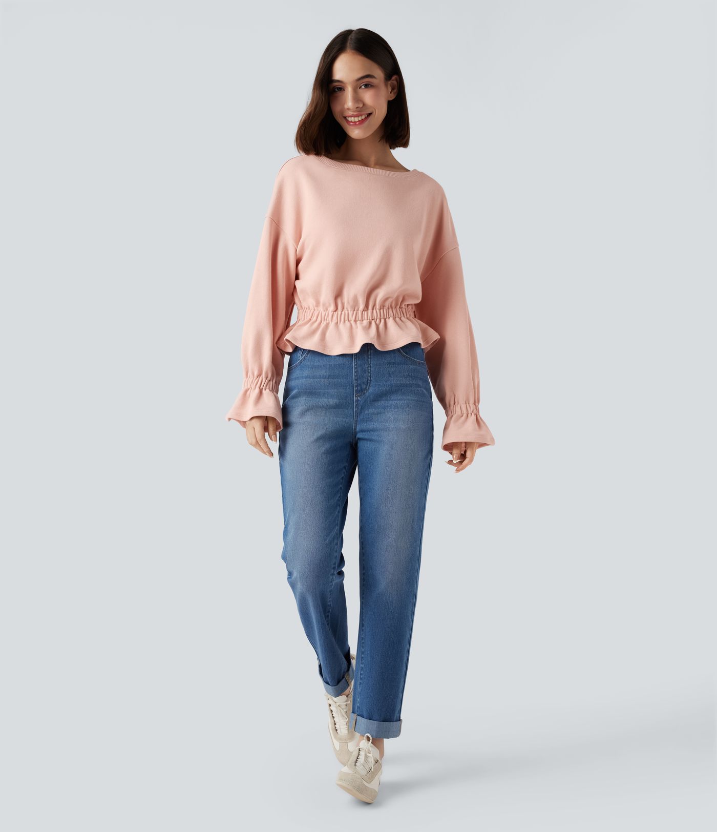 Round Neck Long Sleeve Ruffle Hem Casual Cotton Sweatshirt