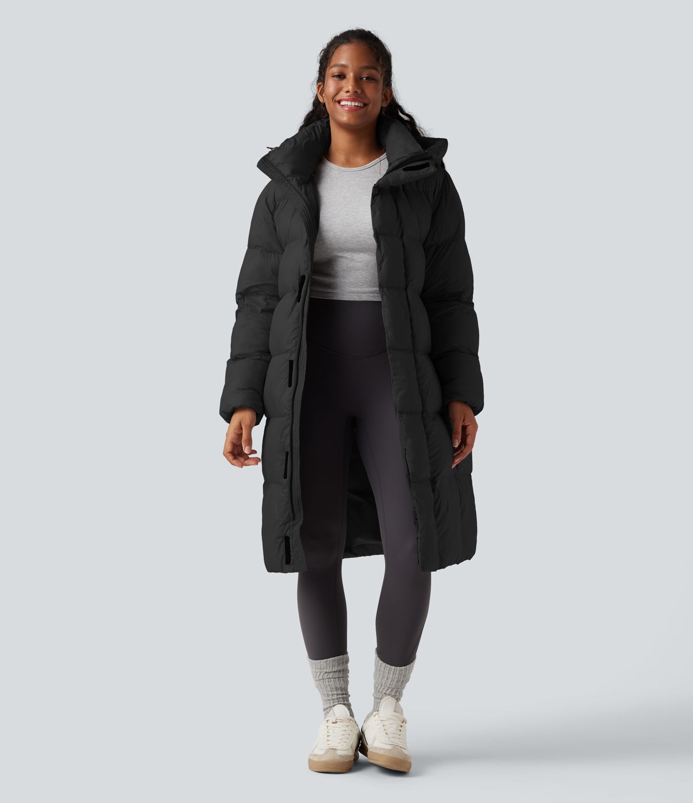 Hooded Long Sleeve Zip Longline Casual Puffer Jacket with Pockets
