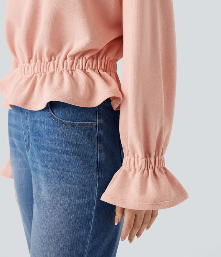 Round Neck Long Sleeve Ruffle Hem Casual Cotton Sweatshirt