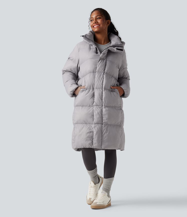 Hooded Long Sleeve Zipper Longline Casual Padded Jacket with Pockets