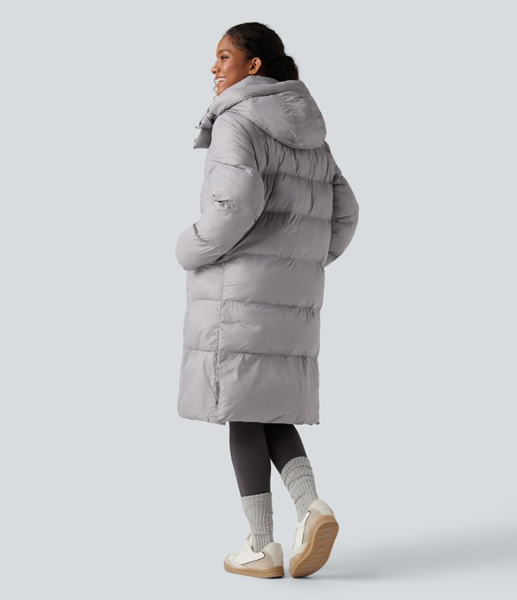 Hooded Long Sleeve Zipper Longline Casual Padded Jacket with Pockets