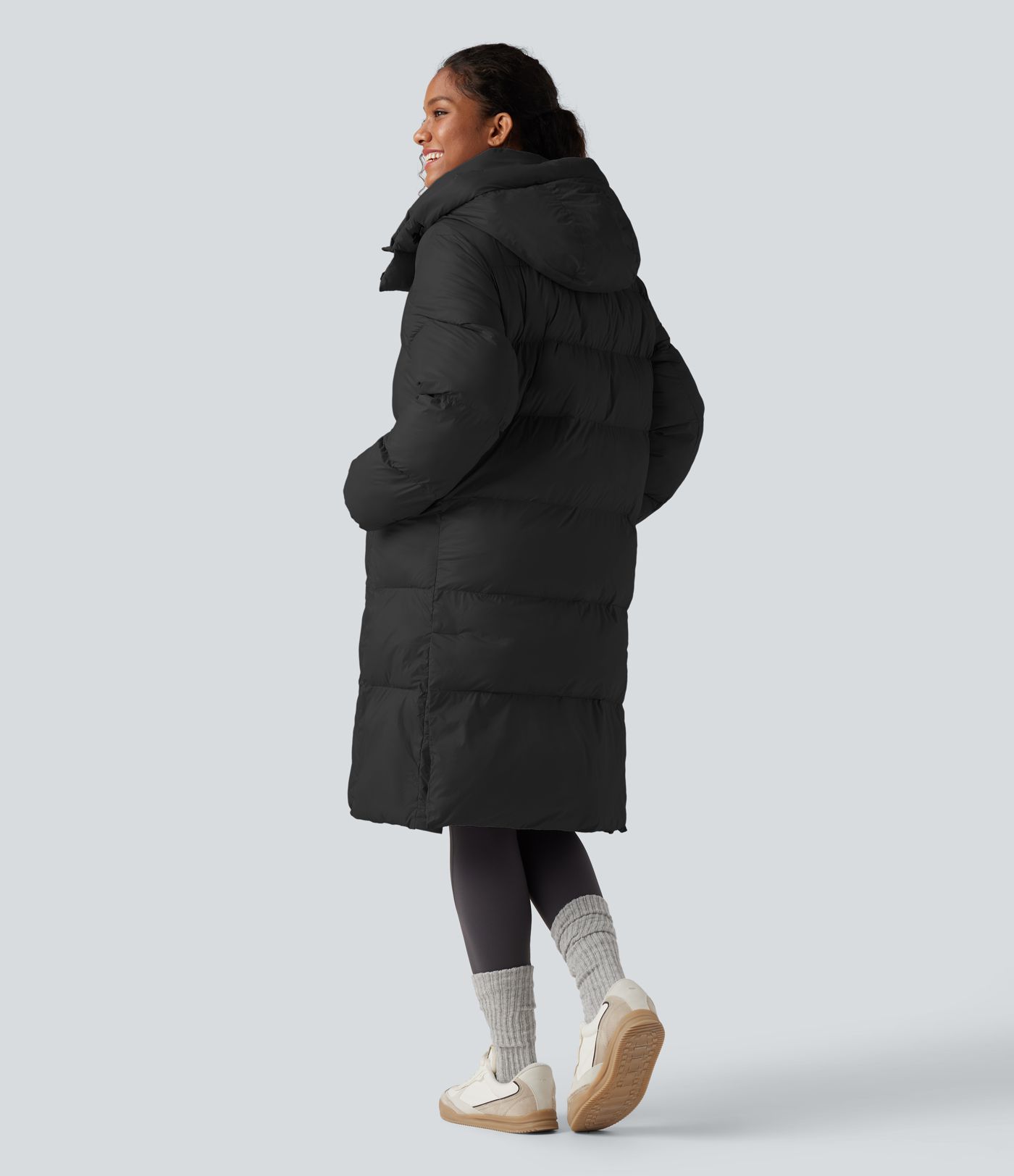 Hooded Long Sleeve Zip Longline Casual Puffer Jacket with Pockets