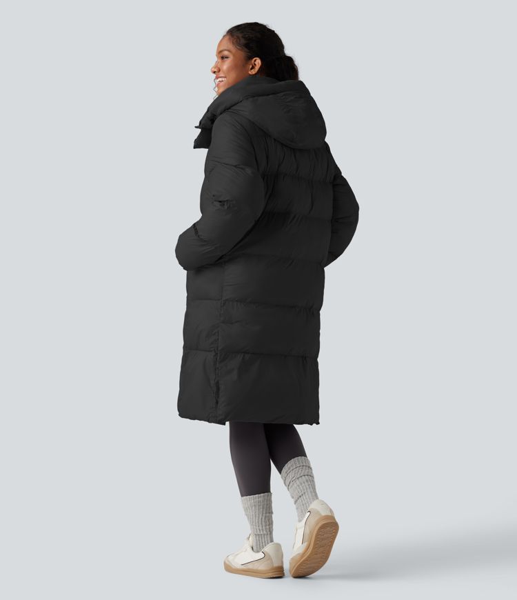 Hooded Long Sleeve Zipper Longline Casual Padded Jacket with Pockets