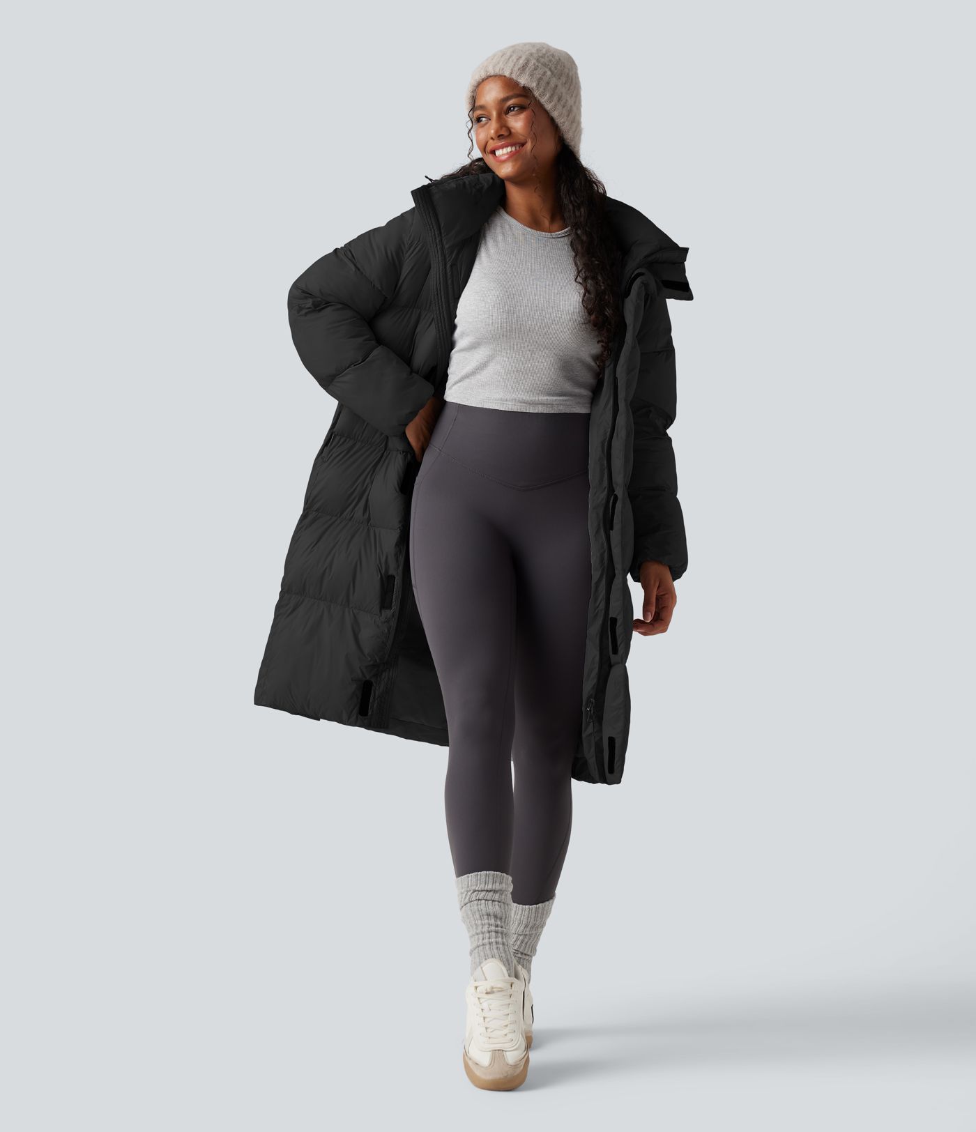 Hooded Long Sleeve Zip Longline Casual Puffer Jacket with Pockets