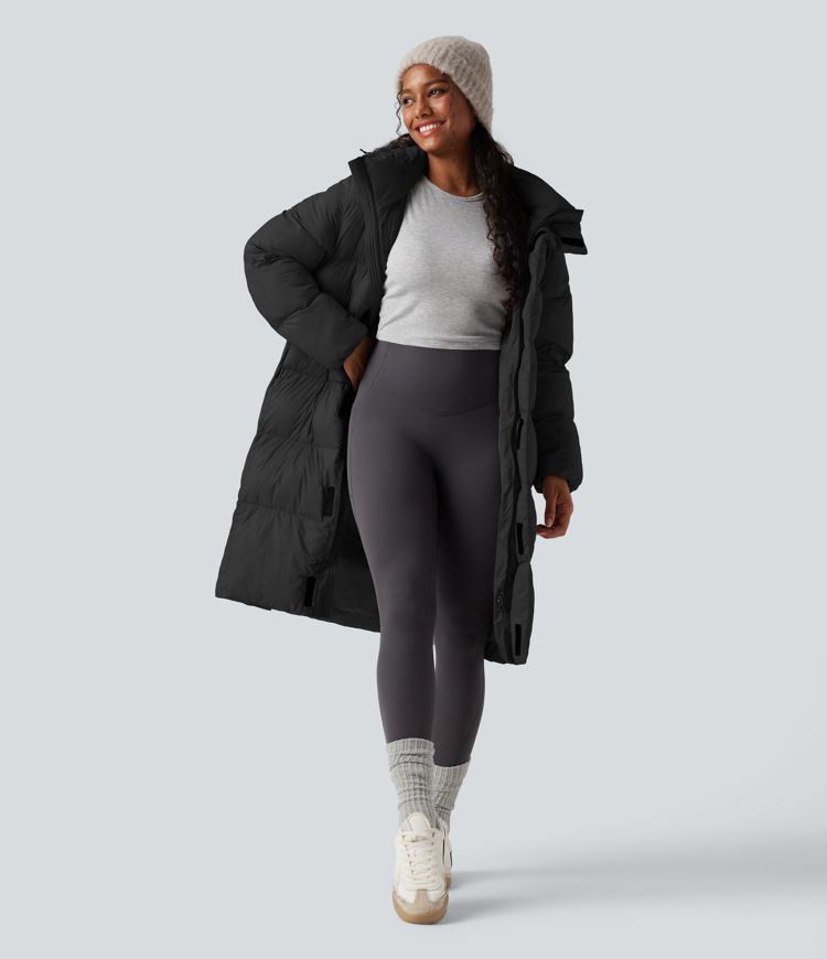 Hooded Long Sleeve Zipper Longline Casual Padded Jacket with Pockets