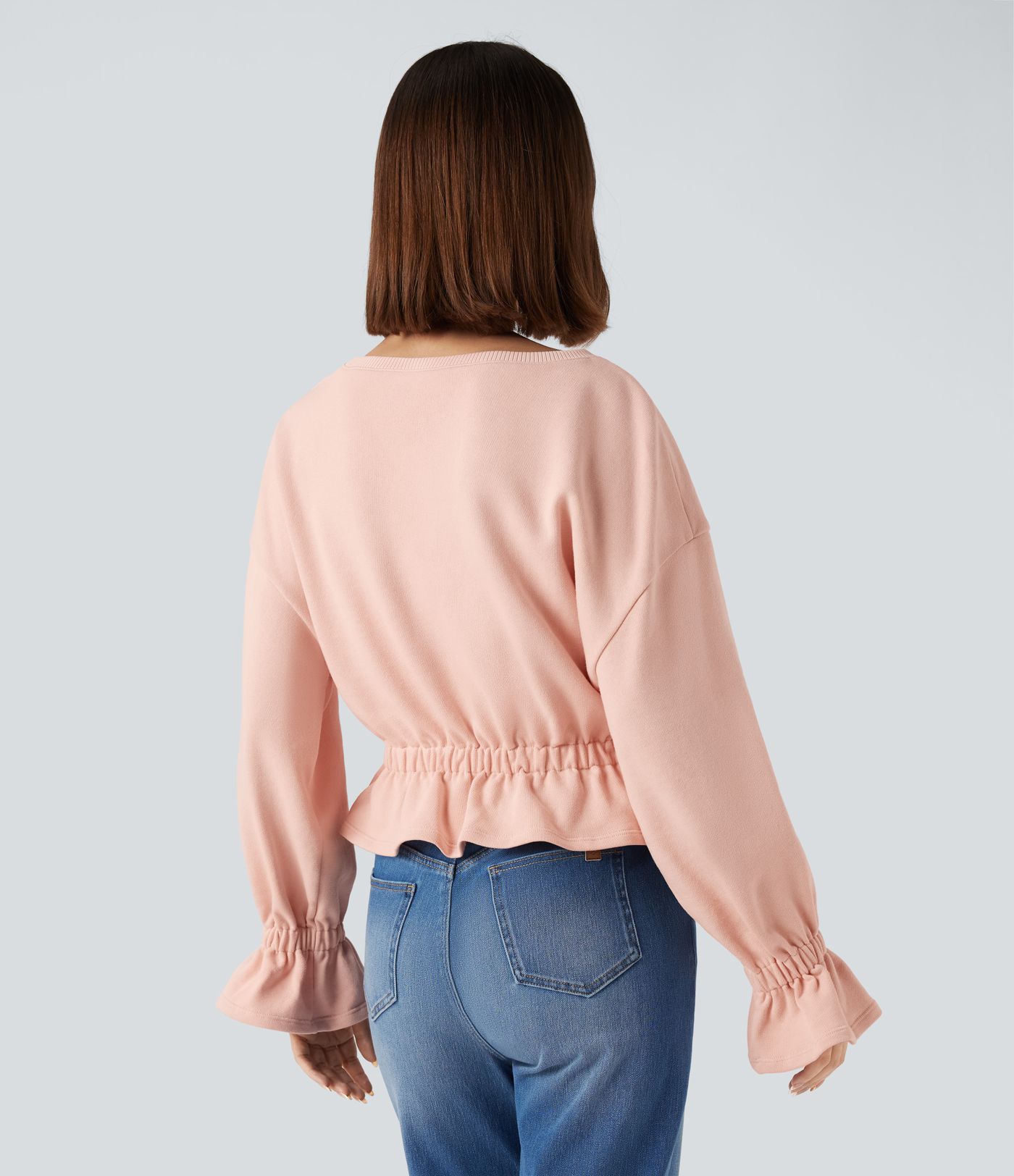 Round Neck Long Sleeve Ruffle Hem Casual Cotton Sweatshirt
