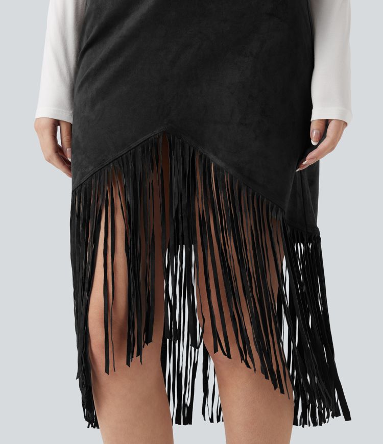 High Waisted Fringe Hem Suede Midi Party Skirt