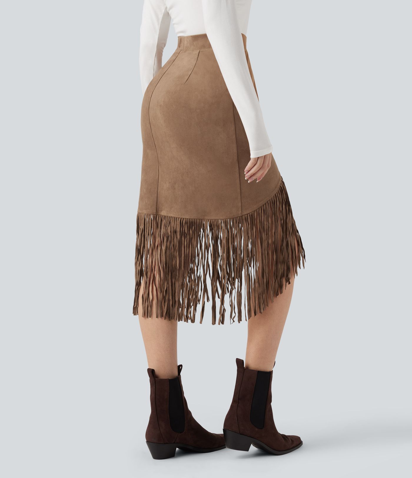 High Waisted Fringe Hem Suede Midi Party Skirt