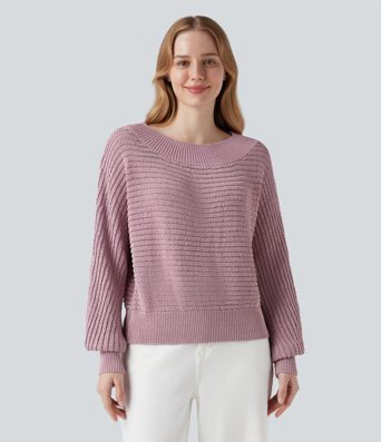 Pulover casual cu umerii descoperiți și mâneci lungi