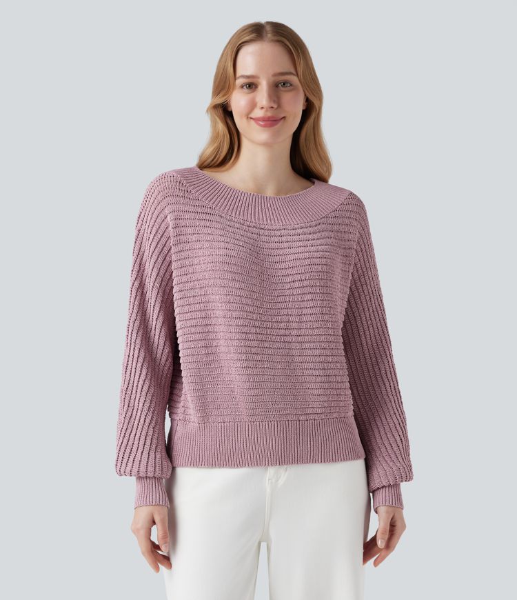 Pulover casual cu umerii descoperiți și mâneci lungi