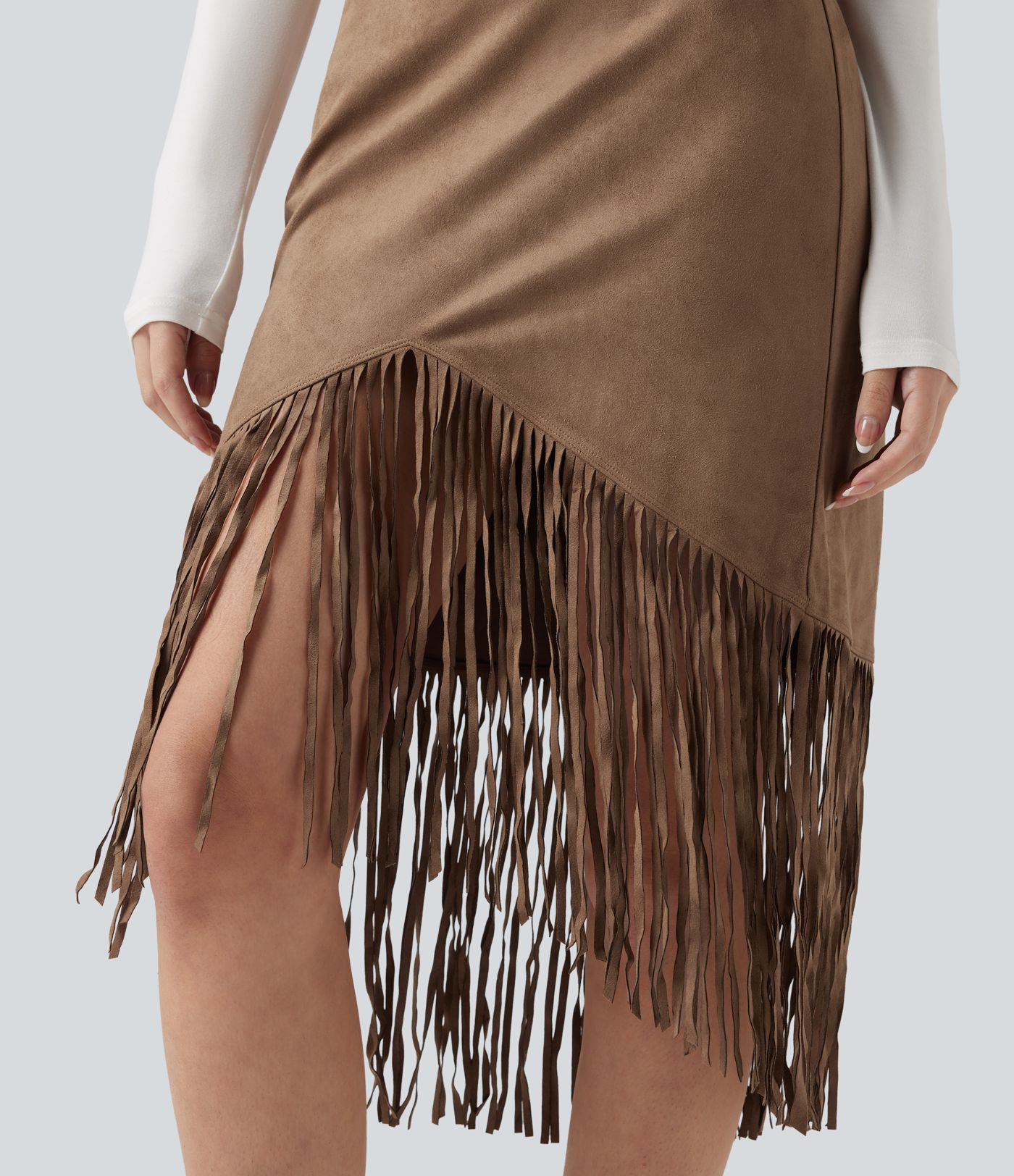 High Waisted Fringe Hem Suede Midi Party Skirt